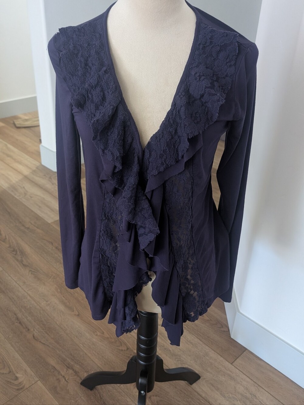 VENUS Navy Lace Ruffle Open-Front Blouse